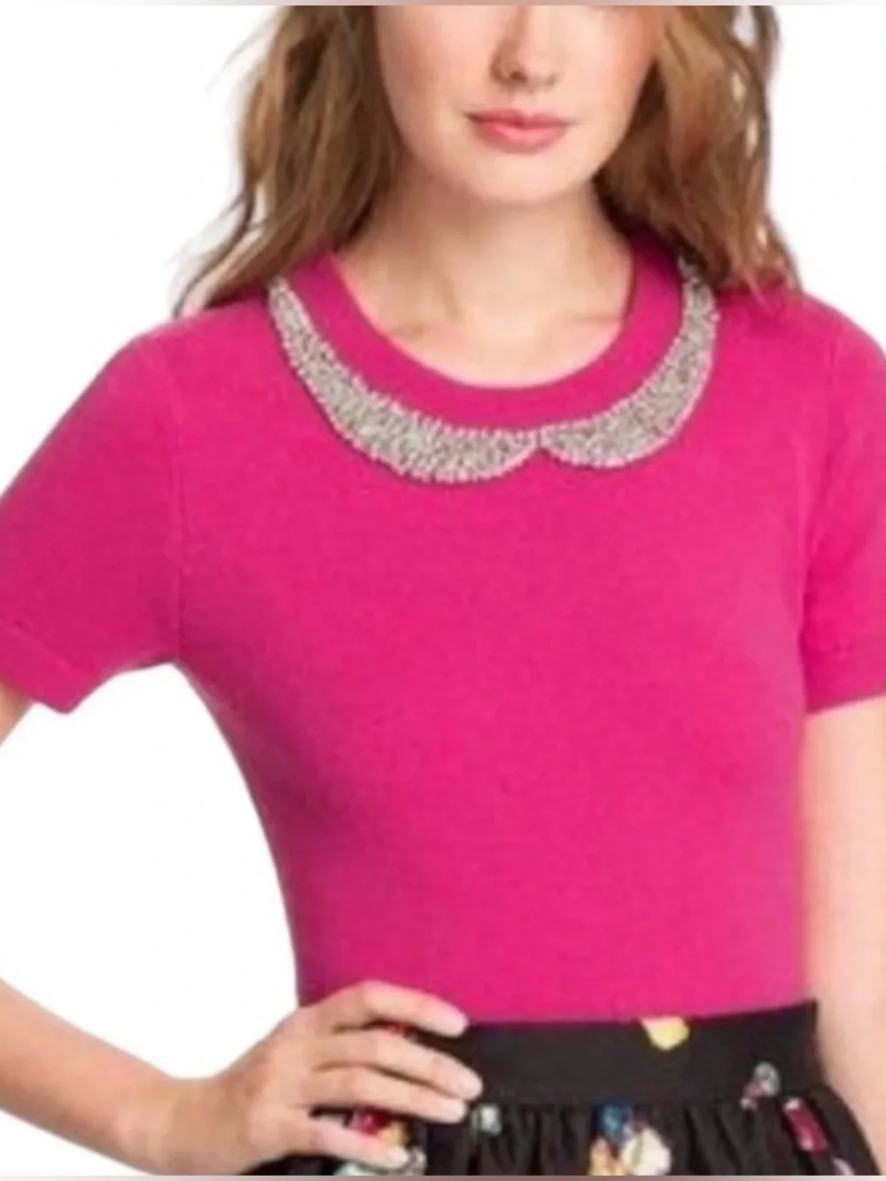 Kate Spade Womens Tippy Wool Cashmere Sweater M Pink Peter Pan Jewel Chic